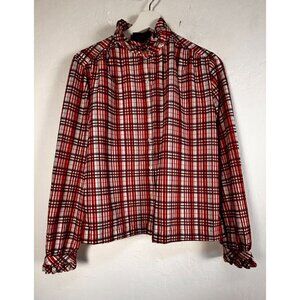 Vintage Jorén San Francisco Women Red Plaid Ruffle Trim Button-Up Blouse Size 14